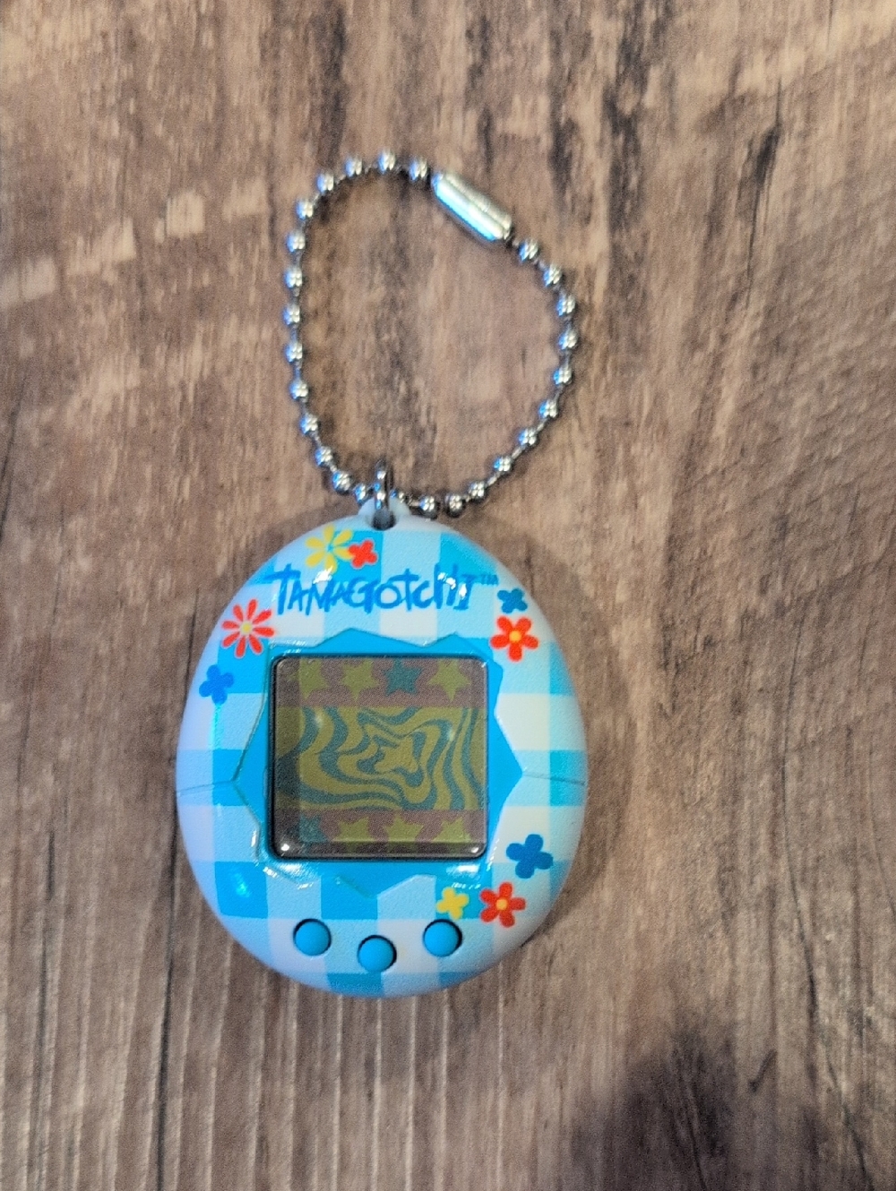 Tamagotchi Blue Plaid Floral Virtual Pet Keychain